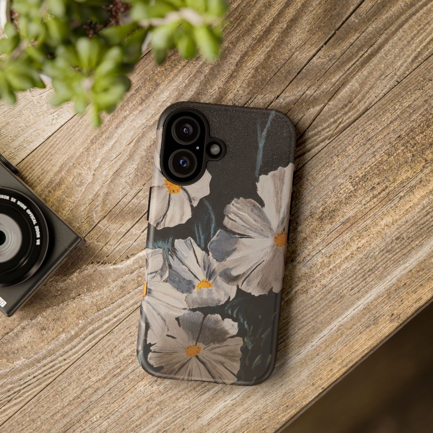 White Cosmos Original Painting Phone Case — Dark Floral Art for iPhone, Samsung & Pixel