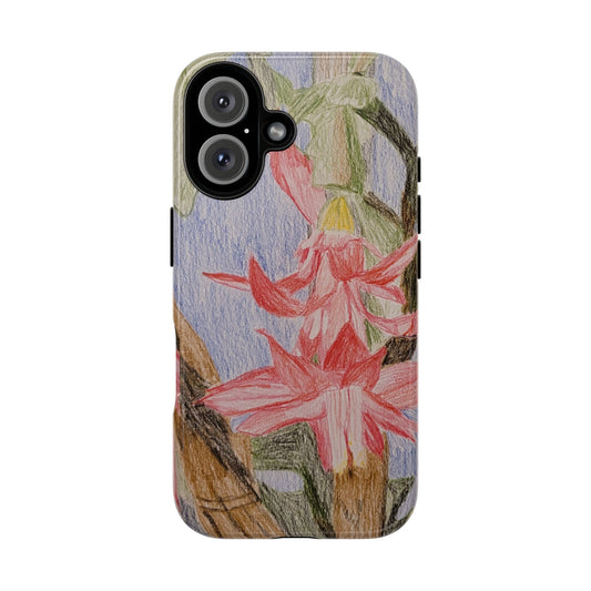 Christmas Cactus Bloom Colored Pencil Drawing Phone Case — Original Art for iPhone, Samsung & Pixel